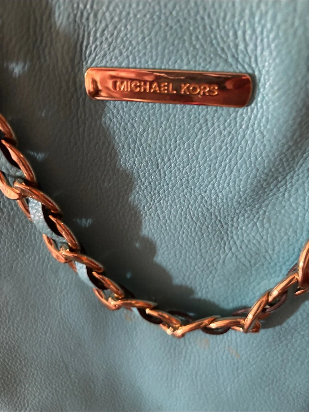 Michael Kors Turquoise Leather Tote with Gold Chain Detail